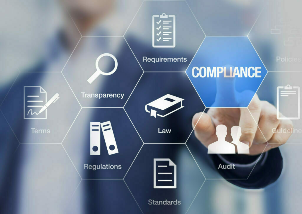 Compliance concept with icons, virtual screen, businessman touch